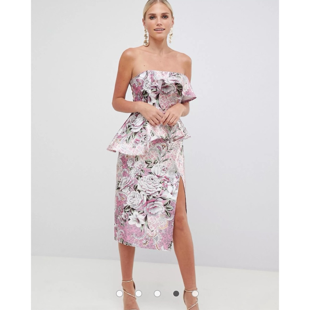 ASOS Pink Floral Strapless Peplum Midi Dress with Side Slit